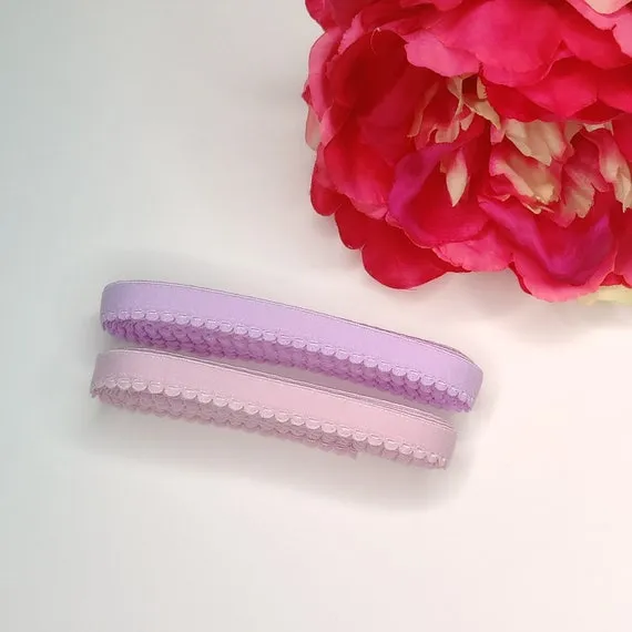 11 mm Zierlitze/Wäschegummi in rosa und Flieder. Picot plush elastic, panty elastic in sweet violet and  pastel lavender. IDelx19