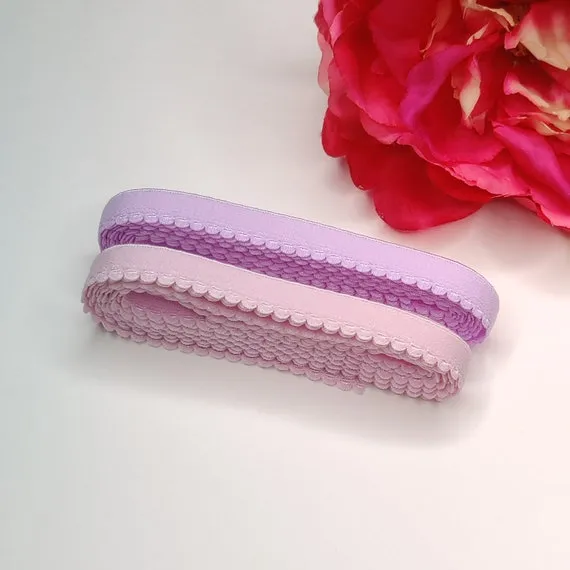 11 mm Zierlitze/Wäschegummi in rosa und Flieder. Picot plush elastic, panty elastic in sweet violet and  pastel lavender. IDelx19