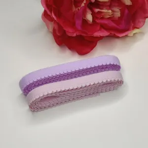 11 mm Zierlitze/Wäschegummi in rosa und Flieder. Picot plush elastic, panty elastic in sweet violet and  pastel lavender. IDelx19