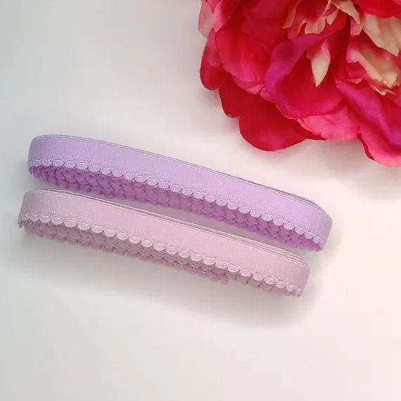 11 mm Zierlitze/Wäschegummi in rosa und Flieder. Picot plush elastic, panty elastic in sweet violet and  pastel lavender. IDelx19
