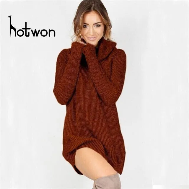 2020 new women's hood high collar loose long sleeve oversized sweater vest top high collar dress straight mini arrival Dress