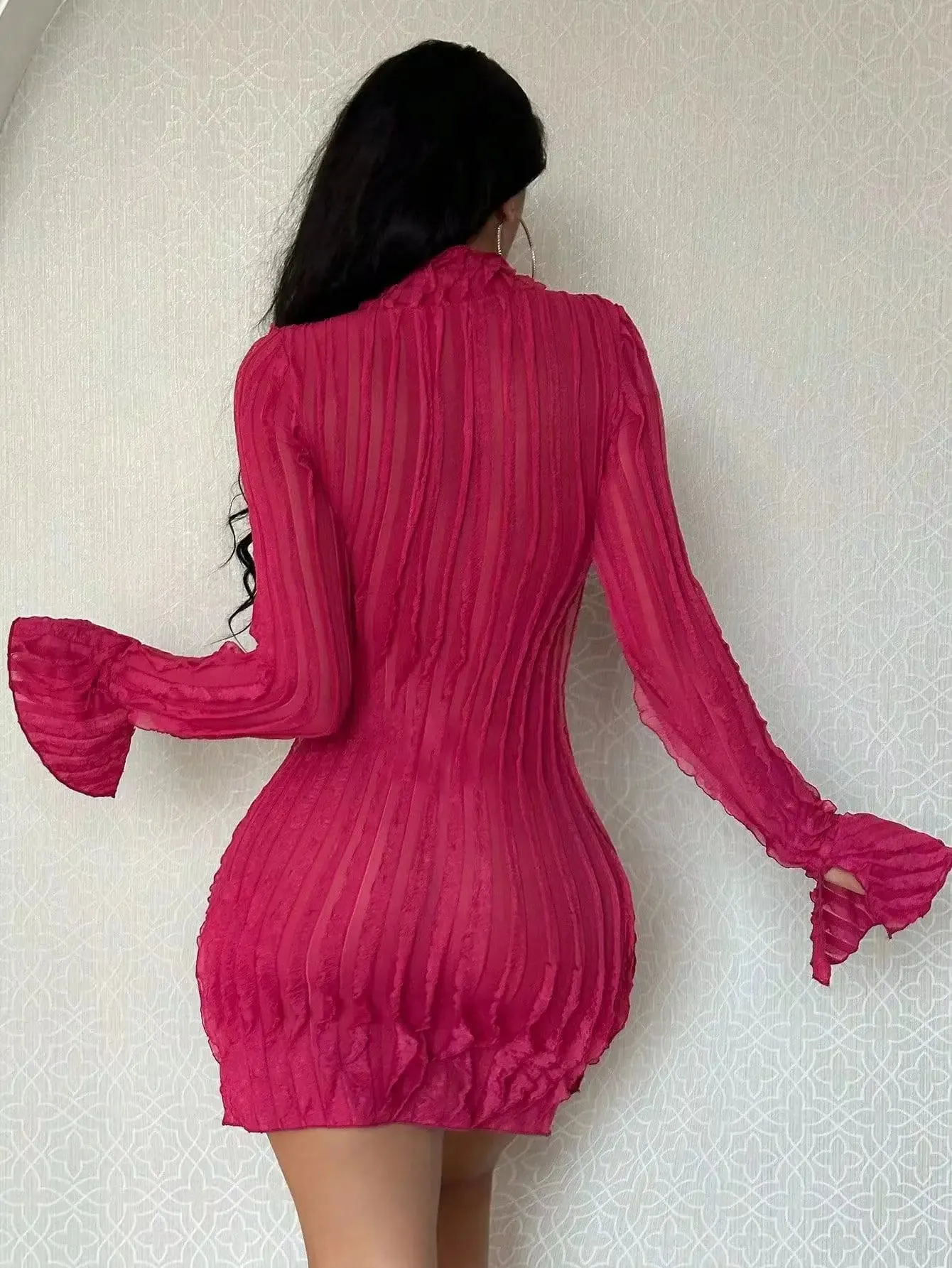 2024 High Necked Pleated Slim New Spring Long Sleeved Office Wrap Hip Fashion Dress
