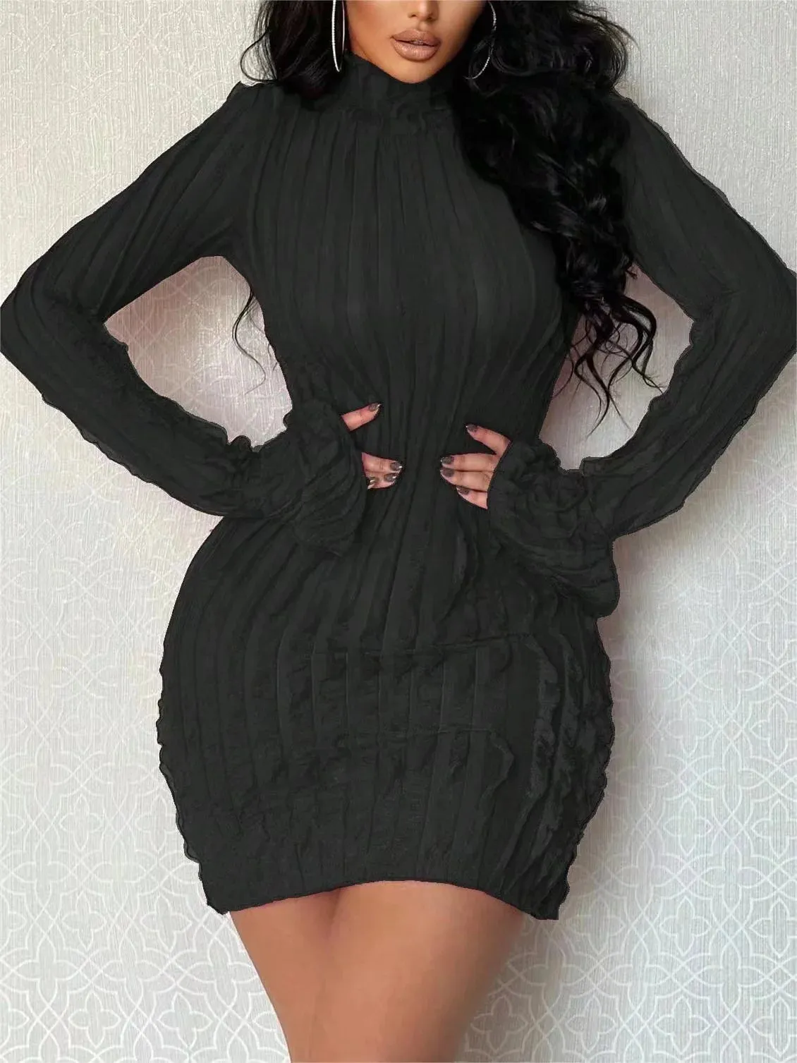 2024 High Necked Pleated Slim New Spring Long Sleeved Office Wrap Hip Fashion Dress