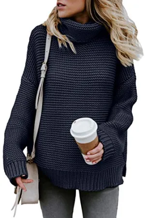 Aleumdr Womens Fashion Warm Turtleneck Long Sleeves Solid Printed Chunky Knit Jumper Pullover Sweater Blue Small