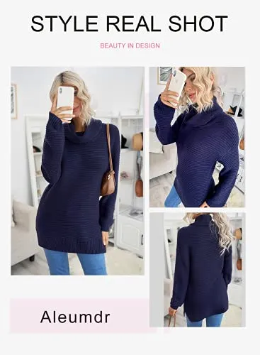 Aleumdr Womens Fashion Warm Turtleneck Long Sleeves Solid Printed Chunky Knit Jumper Pullover Sweater Blue Small