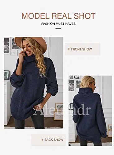 Aleumdr Womens Fashion Warm Turtleneck Long Sleeves Solid Printed Chunky Knit Jumper Pullover Sweater Blue Small