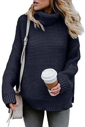 Aleumdr Womens Fashion Warm Turtleneck Long Sleeves Solid Printed Chunky Knit Jumper Pullover Sweater Blue Small