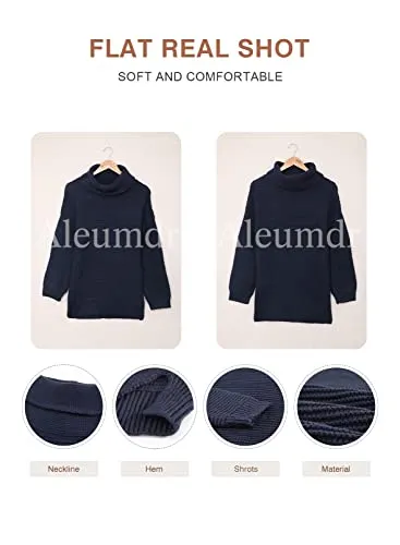 Aleumdr Womens Fashion Warm Turtleneck Long Sleeves Solid Printed Chunky Knit Jumper Pullover Sweater Blue Small