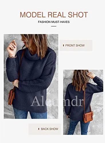 Aleumdr Womens Fashion Warm Turtleneck Long Sleeves Solid Printed Chunky Knit Jumper Pullover Sweater Blue Small