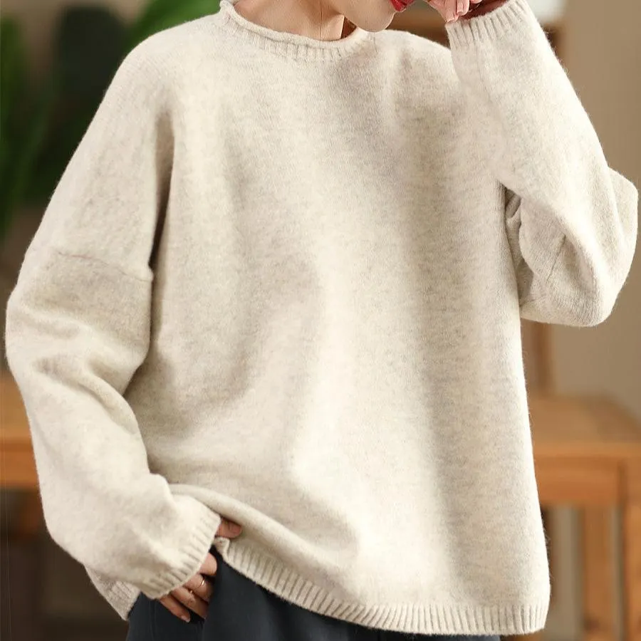 Babakud Women Autumn Retro Solid Colors Knitted Pullover Top