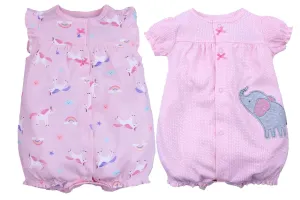 Baby Romper Shorts Combo- Pink Unicorn and Pink Elephant