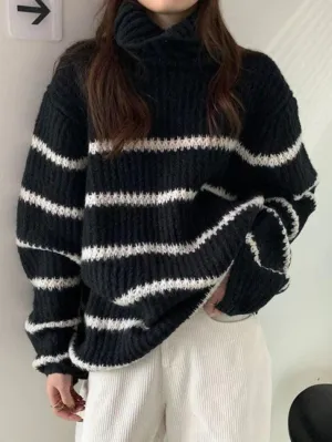 Back To School Sonicelife Turtleneck Striped Knit Sweater