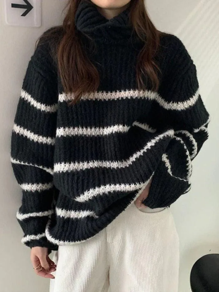 Back To School Sonicelife Turtleneck Striped Knit Sweater