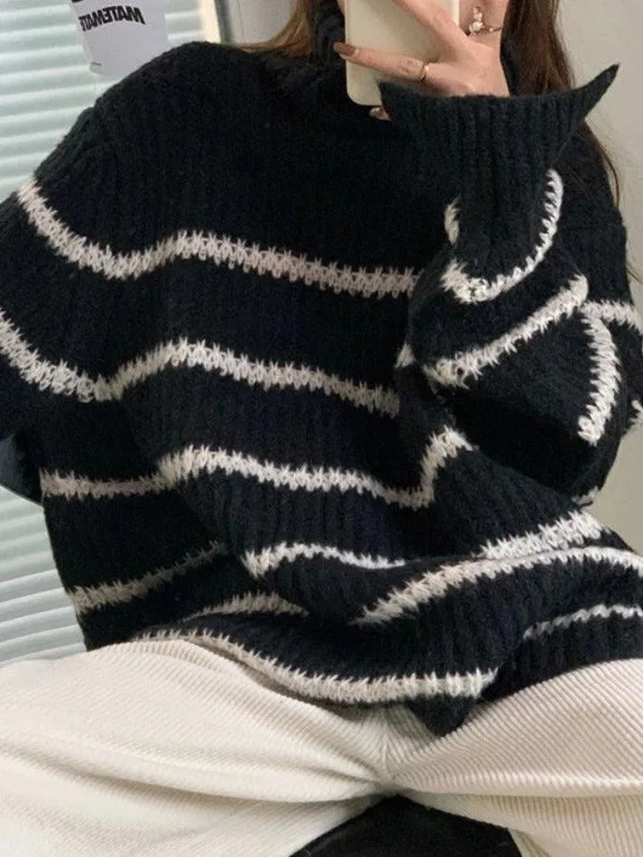 Back To School Sonicelife Turtleneck Striped Knit Sweater