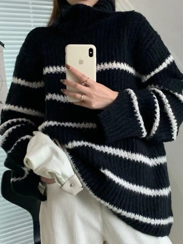 Back To School Sonicelife Turtleneck Striped Knit Sweater