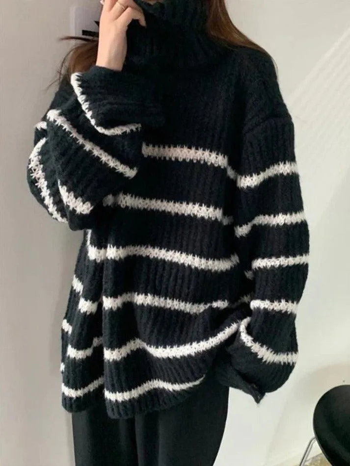 Back To School Sonicelife Turtleneck Striped Knit Sweater