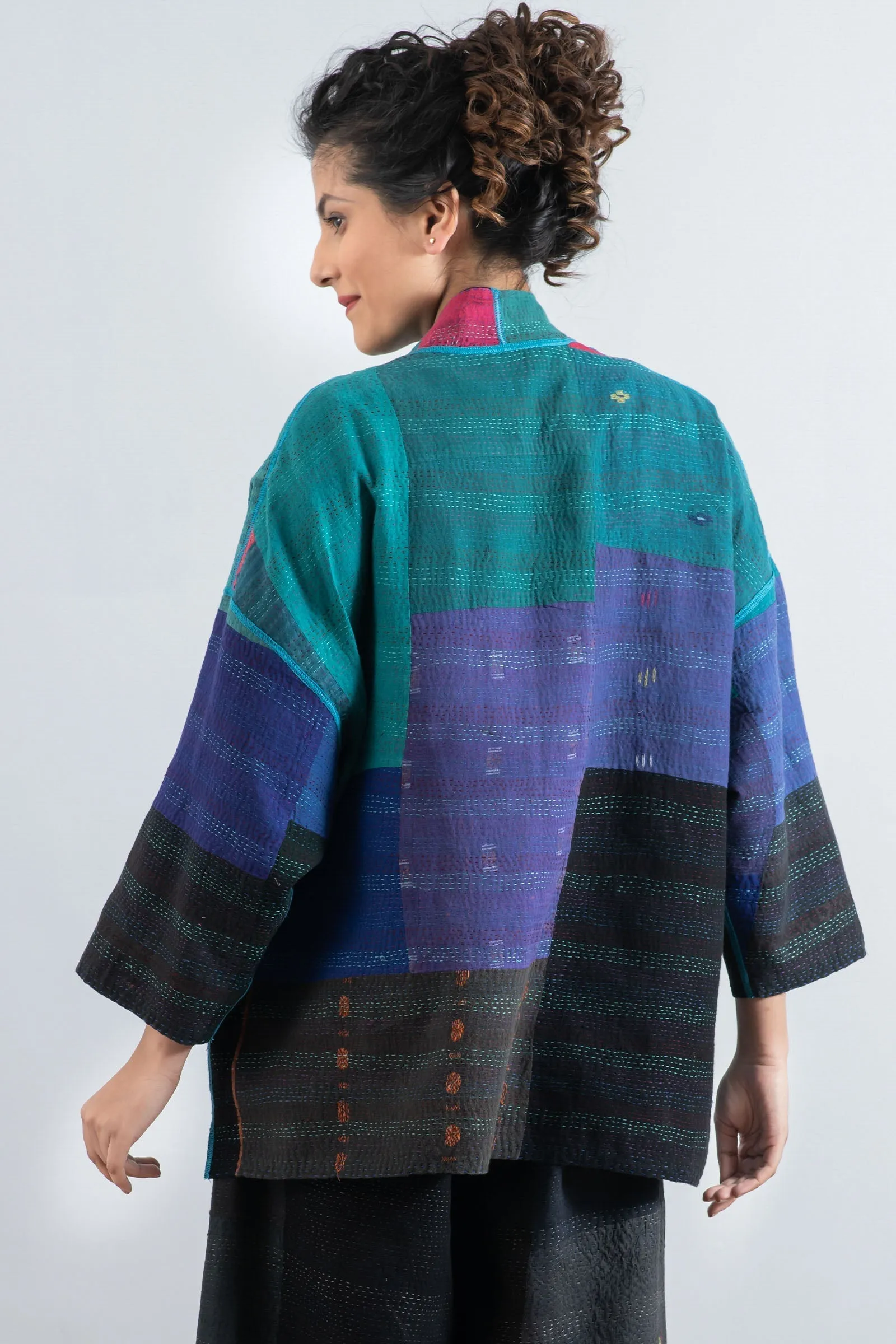 BAGH PRINT KANTHA MINI KIMONO JKT - bg2055-blu -