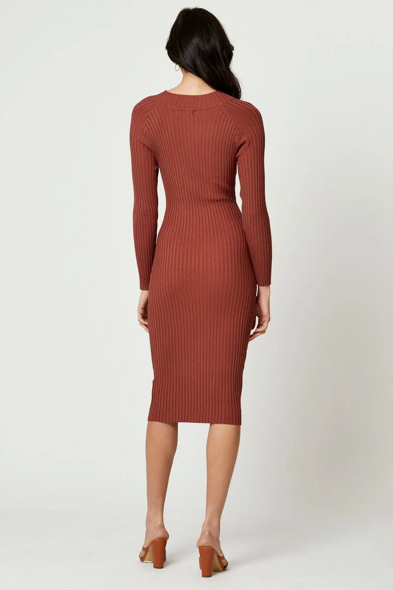 Beige High Neck Twist Detail Bodycon Knit Dress