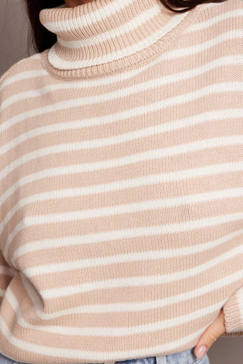 Beige Stripe Knit Top Long Sleeve High Neck