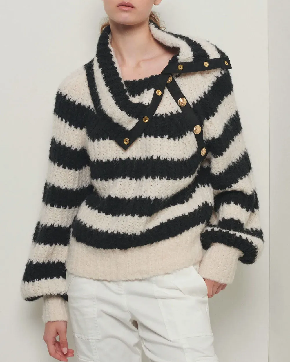 Black and White Asymmetric Button Turtleneck