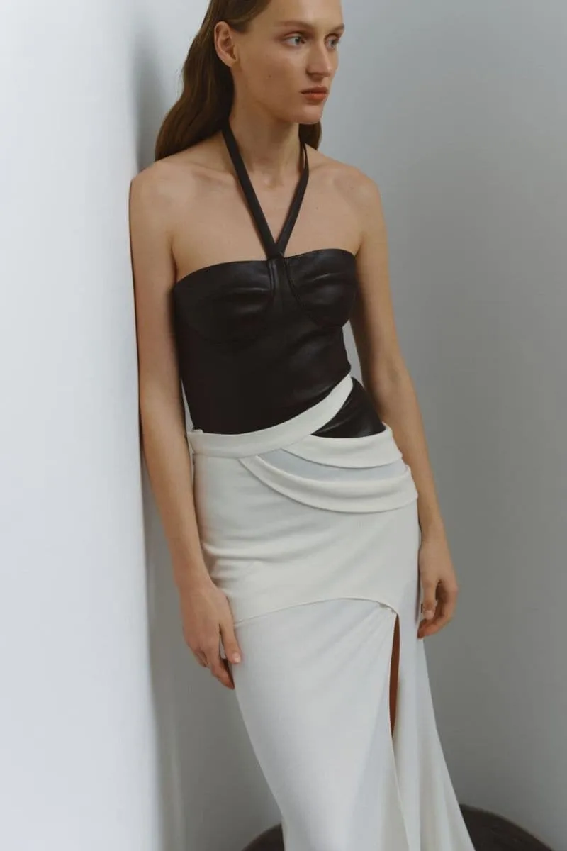 BLACK LEATHER HALTERNECK BODYSUIT