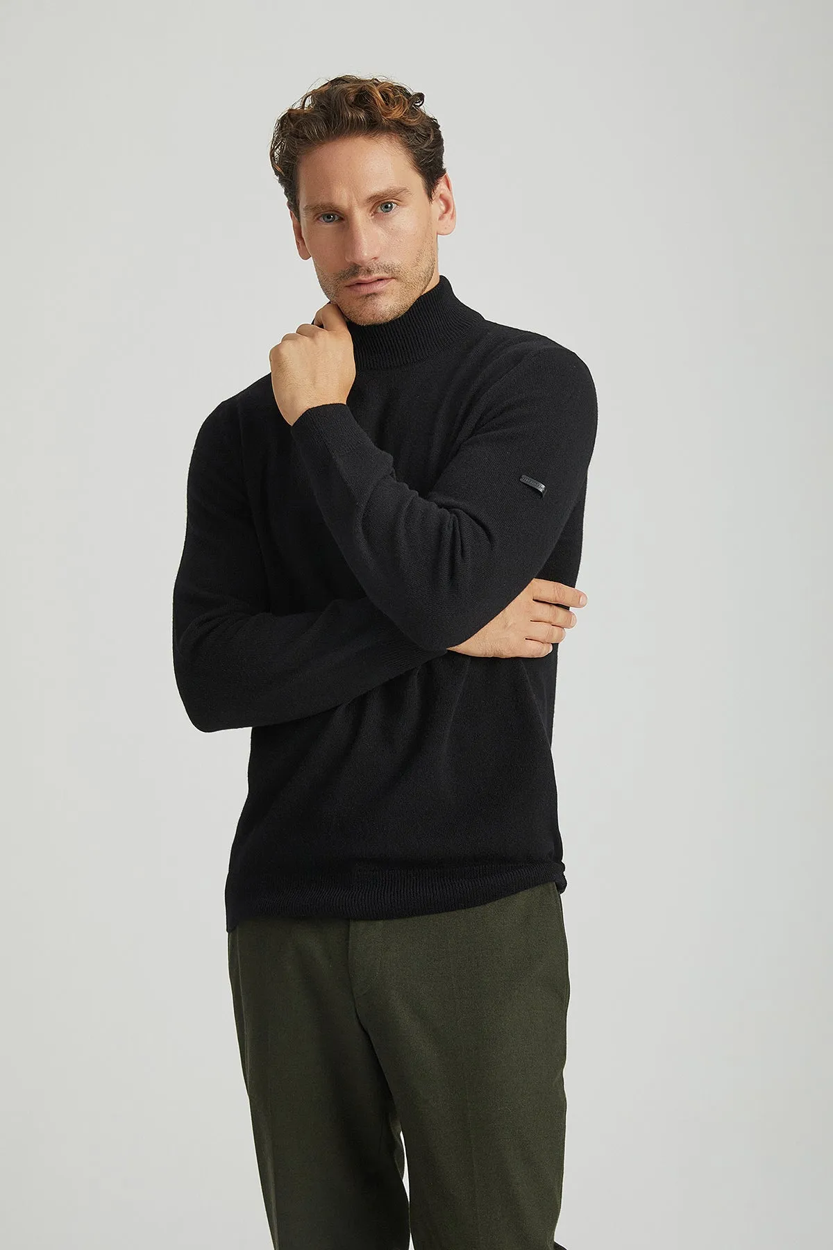 Black Pure Cashmere Half Turtleneck Men's Sweater
