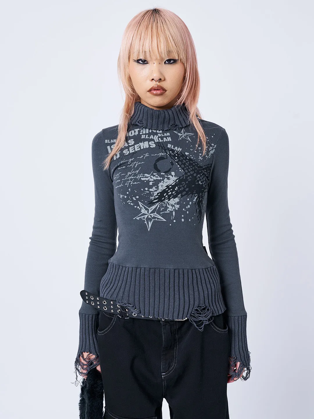 Blah Blah Blah Distressed High Neck Top