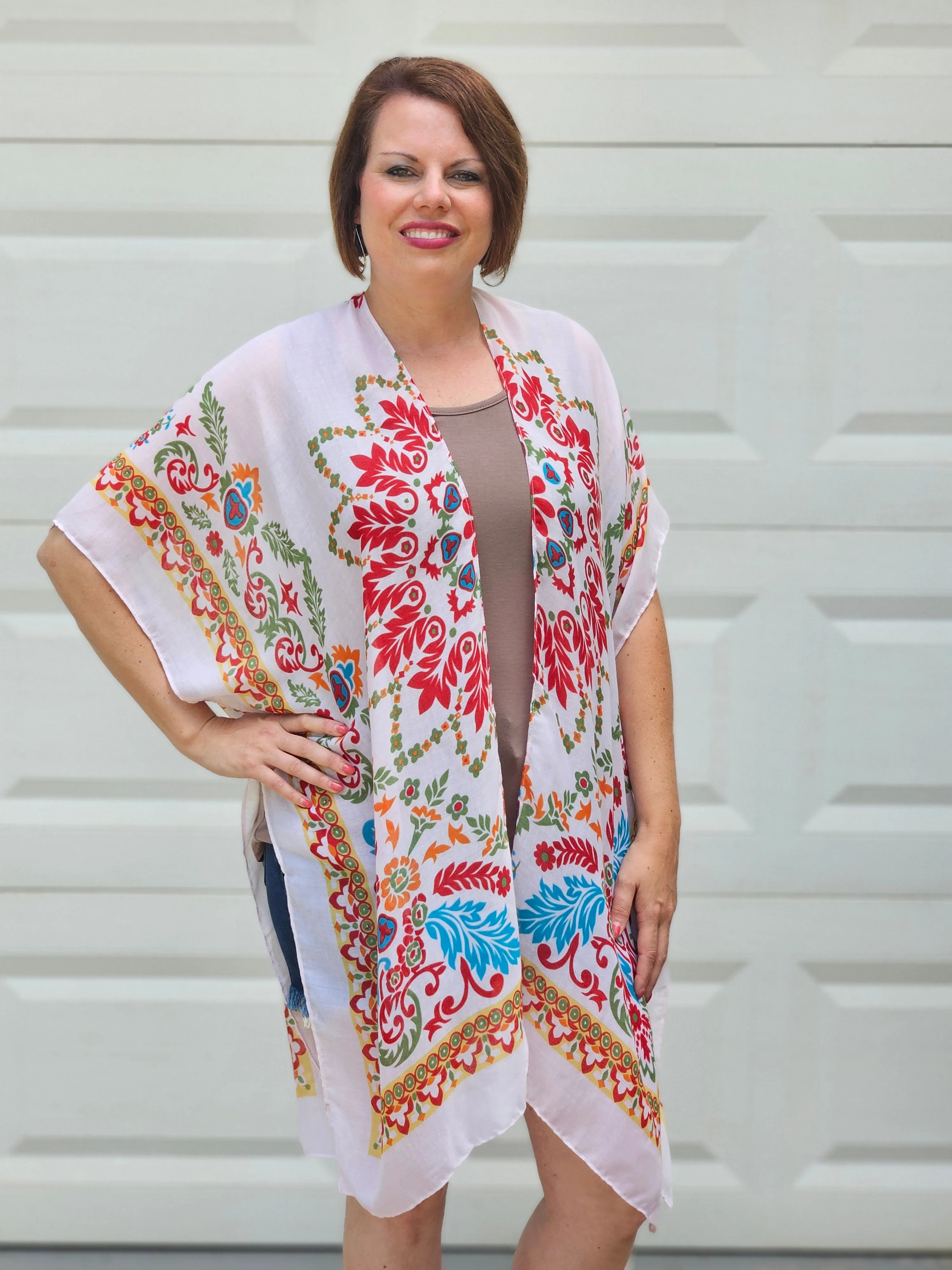 Bohemian Print Kimono in Beige Coral