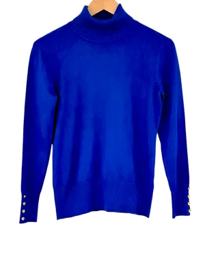 Bright Winter Vibrant Blue Button Cuff Turtleneck Sweater