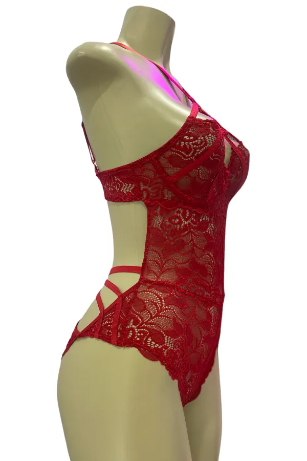 Caged Lace Halter Bust Underwire Bodysuit