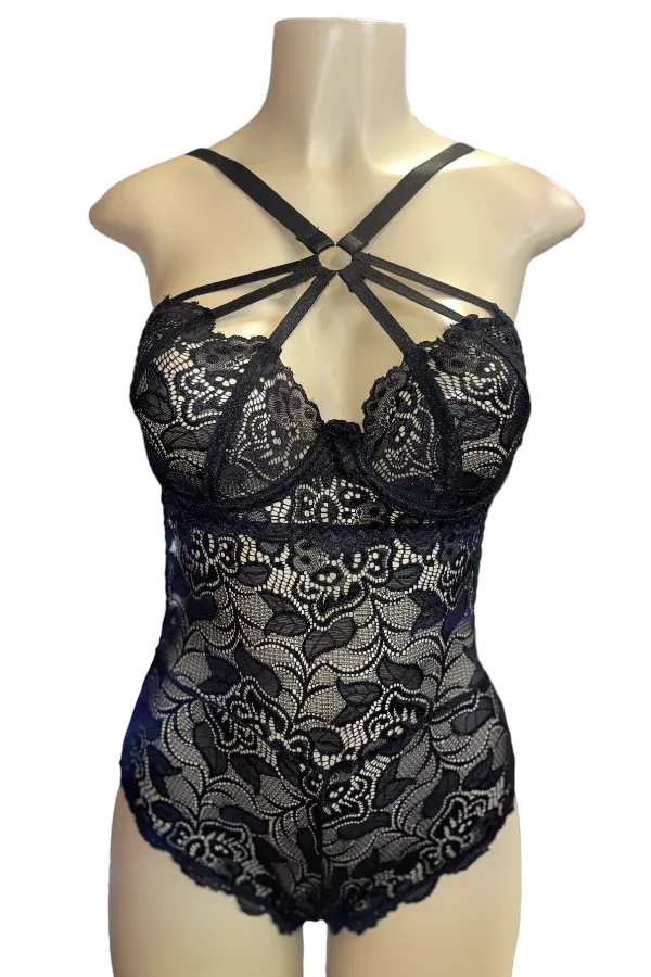 Caged Lace Halter Bust Underwire Bodysuit