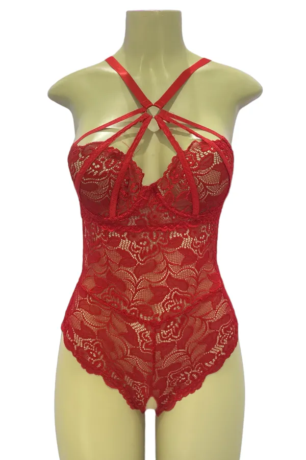 Caged Lace Halter Bust Underwire Bodysuit