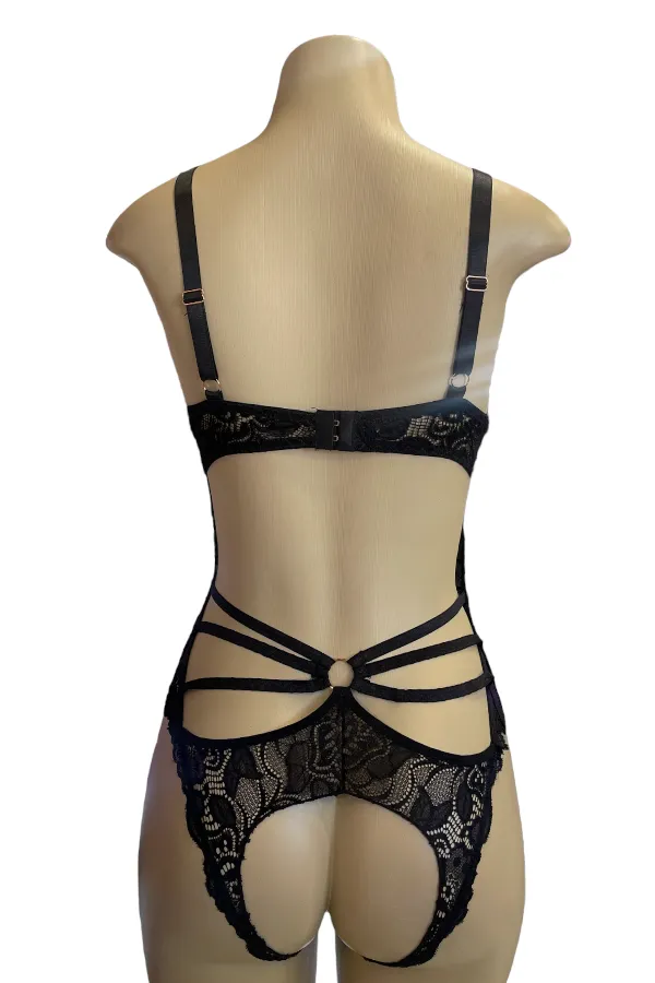 Caged Lace Halter Bust Underwire Bodysuit