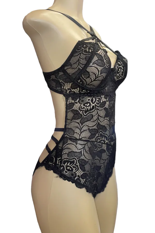 Caged Lace Halter Bust Underwire Bodysuit