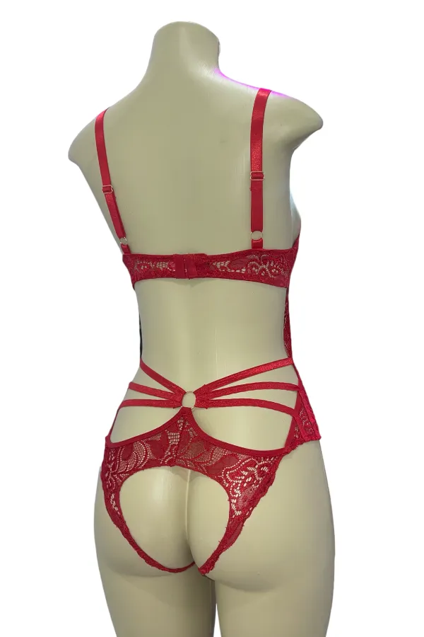 Caged Lace Halter Bust Underwire Bodysuit