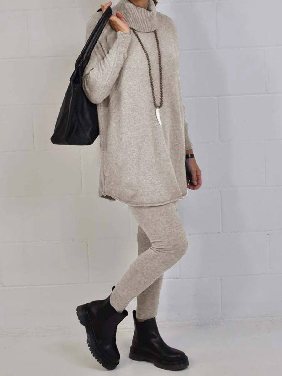 Casual Solid Color Turtleneck Knitted Two-piece Suit