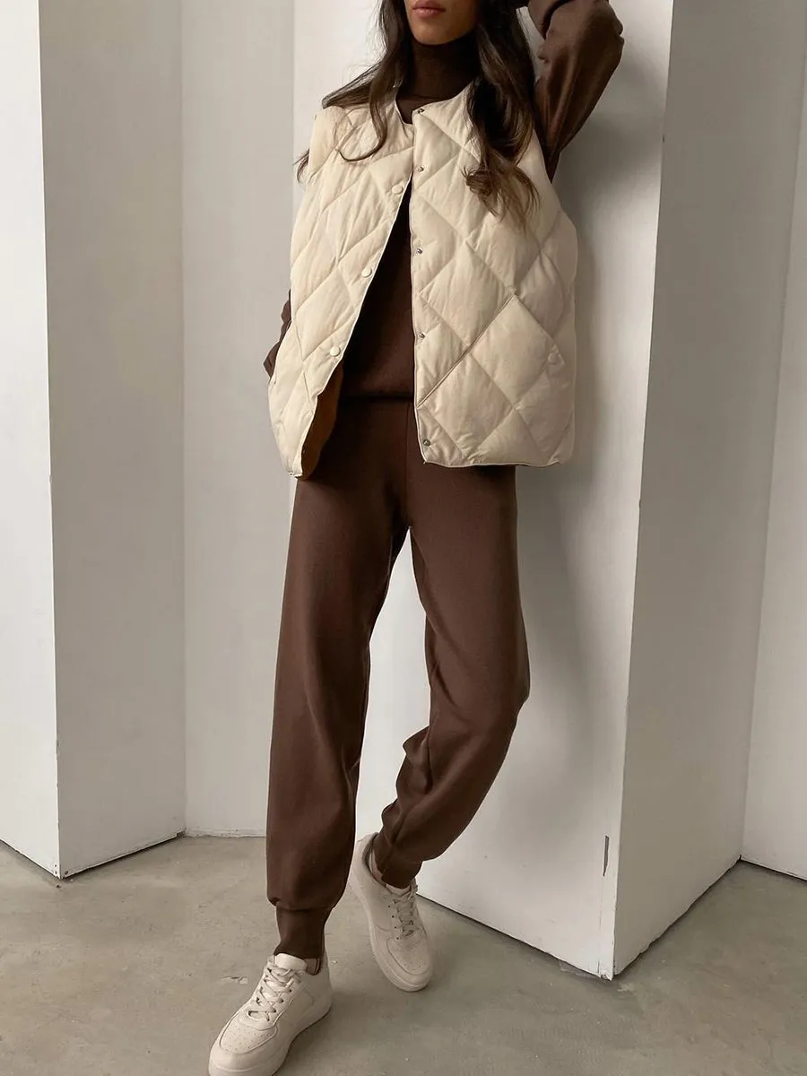 Casual Turtleneck Loose Knit Solid Color Two-piece Suit