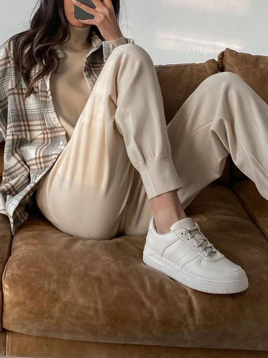 Casual Turtleneck Loose Knit Solid Color Two-piece Suit