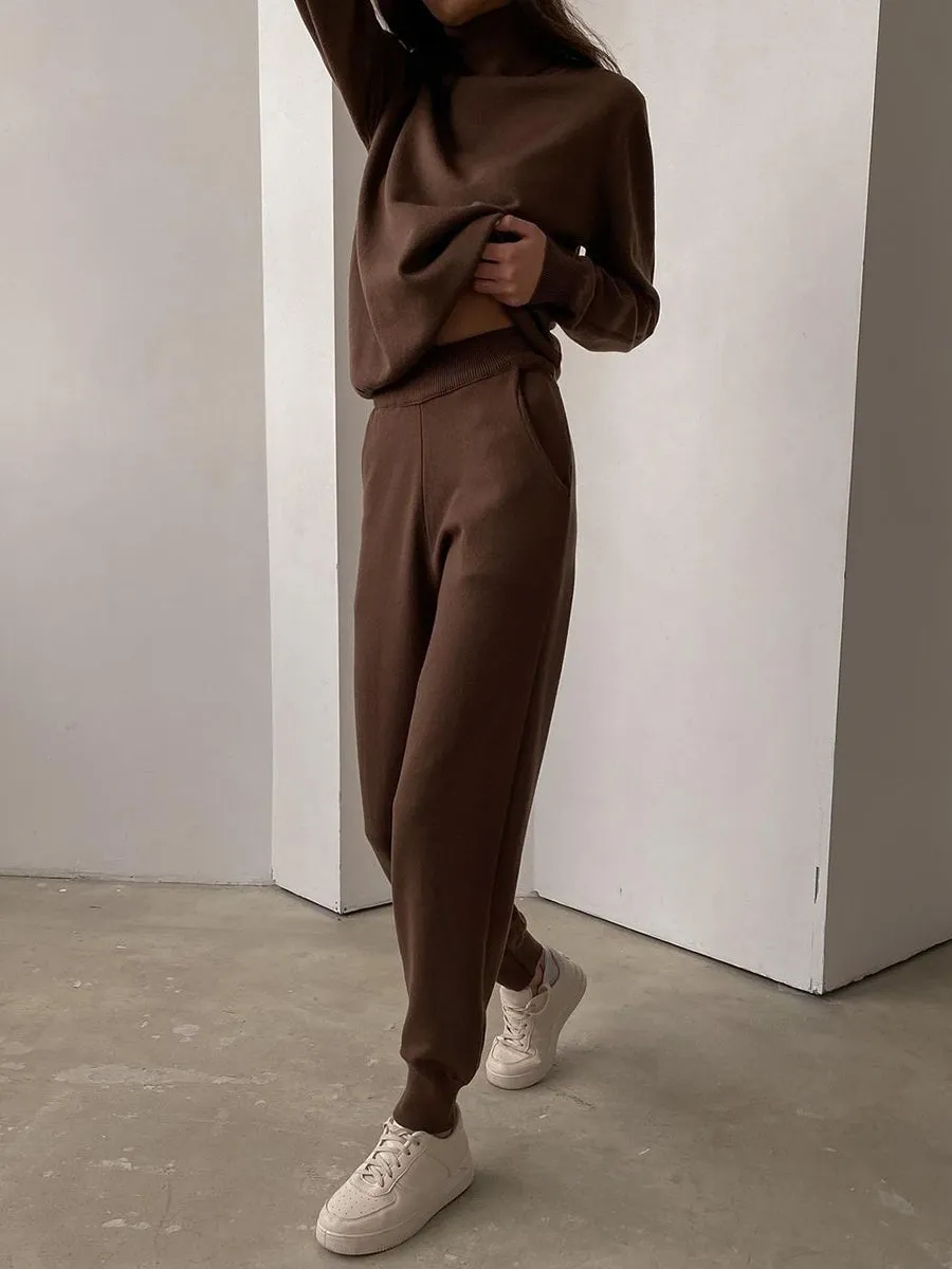 Casual Turtleneck Loose Knit Solid Color Two-piece Suit