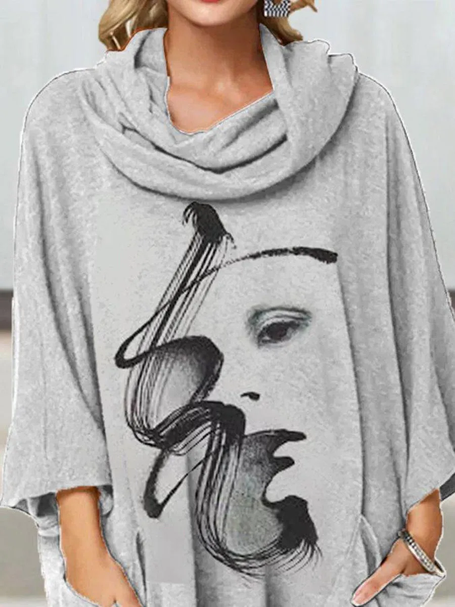 Casual Turtleneck Mid-length Sleeve Face Print Shirts Tops