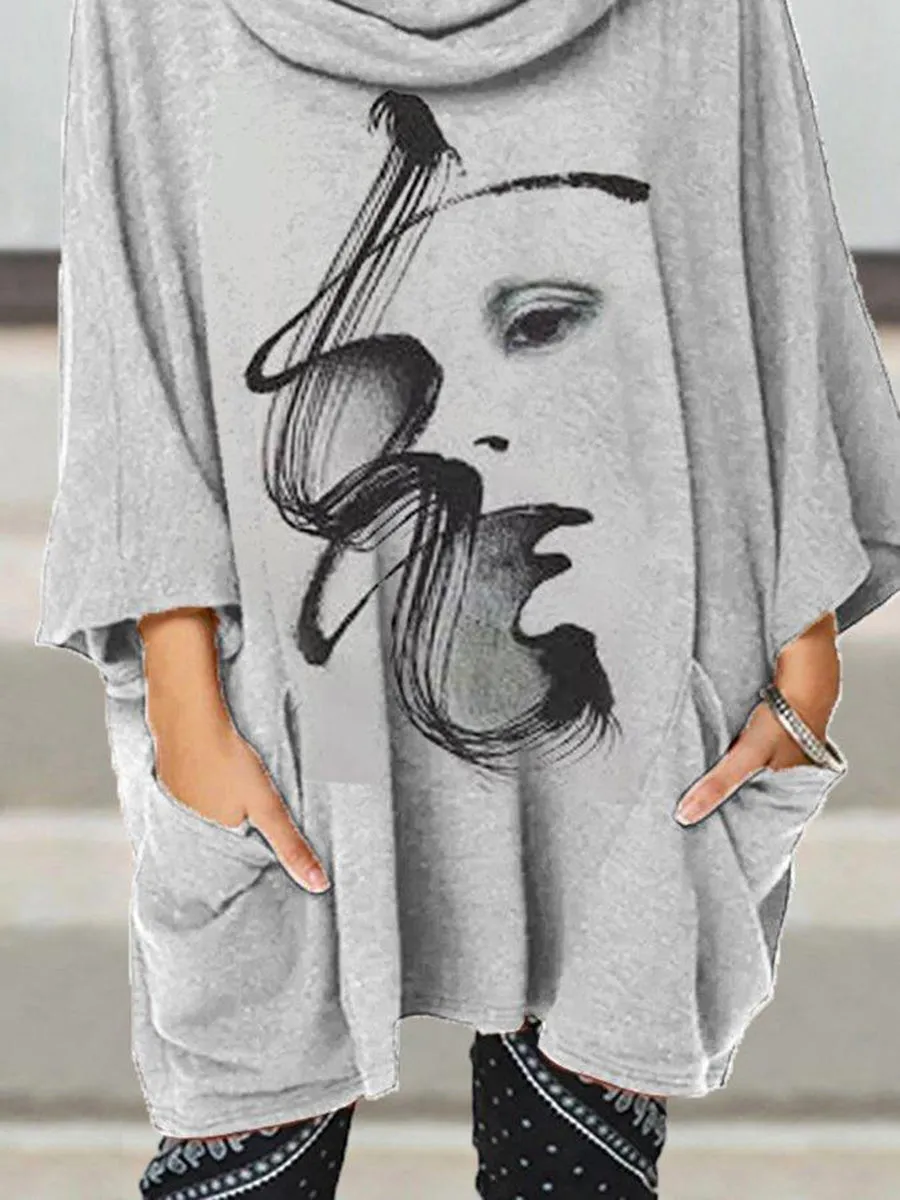 Casual Turtleneck Mid-length Sleeve Face Print Shirts Tops