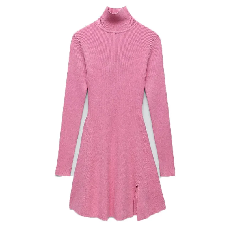 Christmas Gift Deanwangkt Women Fashion Chic Pink Side Split Slim Knitted Mini Dress Female Elegant Turtleneck Long Sleeve Dresses Vestidos