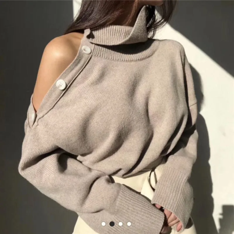 Cold Shoulder Stylish Buttoned Turtleneck Sweater