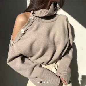 Cold Shoulder Stylish Buttoned Turtleneck Sweater