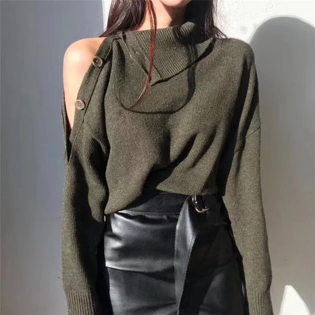 Cold Shoulder Stylish Buttoned Turtleneck Sweater