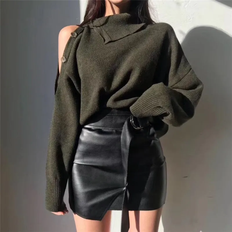 Cold Shoulder Stylish Buttoned Turtleneck Sweater