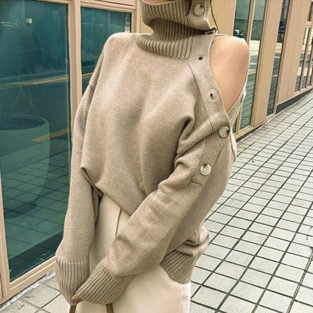 Cold Shoulder Stylish Buttoned Turtleneck Sweater