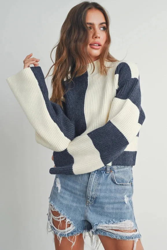 Color Block Mock Turtleneck Sweater NAVY / IVORY