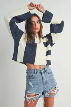 Color Block Mock Turtleneck Sweater NAVY / IVORY