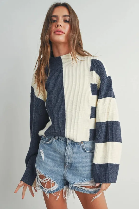 Color Block Mock Turtleneck Sweater NAVY / IVORY